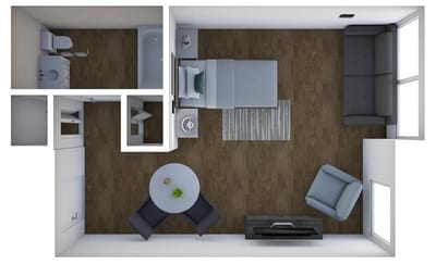 Top view of a private resident room layout