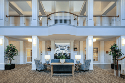Bright and inviting lobby with modern decor and plants