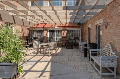 Outdoor seating area with umbrellas and tables