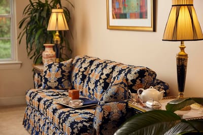 Cozy interior lounge with floral couch and lamps