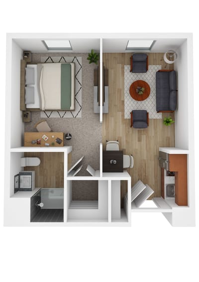 A floor plan of a one-bedroom apartment layout
