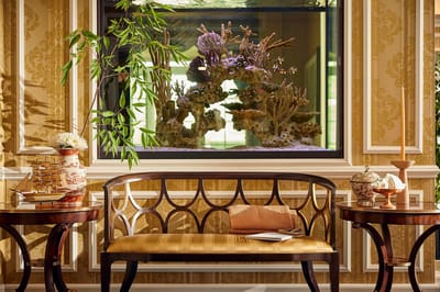Decorative seating area with an aquarium in the background