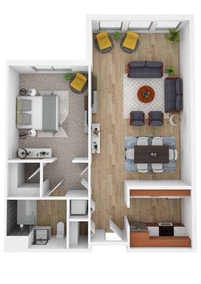Floor plan of a one-bedroom apartment at a senior living facility