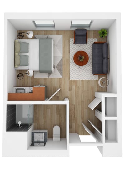Stylized top view of a single bedroom layout
