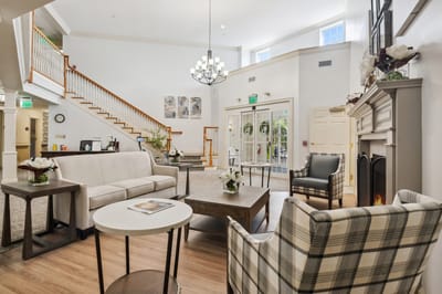 Bright interior common area with seating and decor