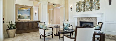 Interior view of a cozy common area with seating