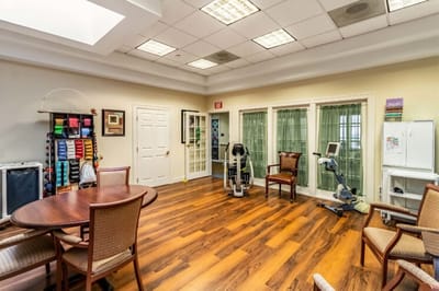 Interior view of a multi-purpose room with exercise equipment