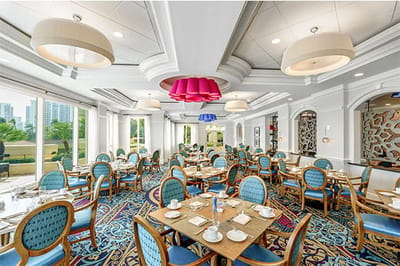 Elegant dining room with decorated tables and chairs