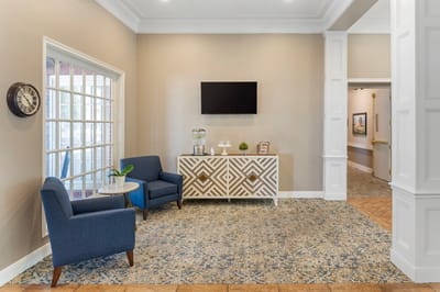 Bright, welcoming interior common area with seating