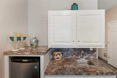Corner of a kitchen area in a senior living unit