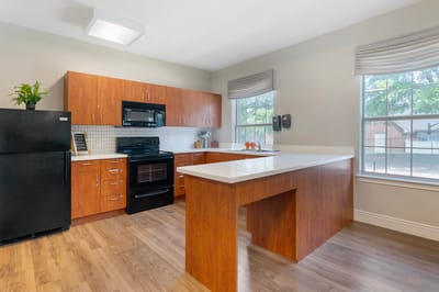 Bright kitchen area in a senior living facility