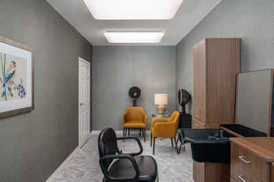 Salon area with two chairs and decorative wall art