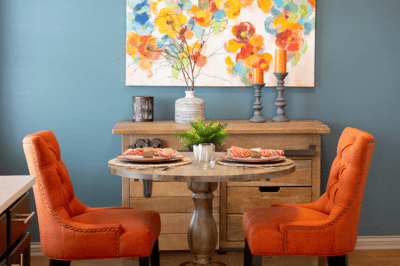 Interior dining area with colorful decor and furniture