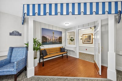Bright lobby area with seating and artwork
