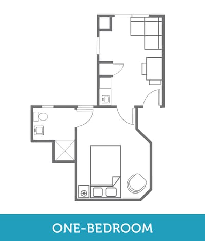 Architectural floor plan of a one-bedroom unit