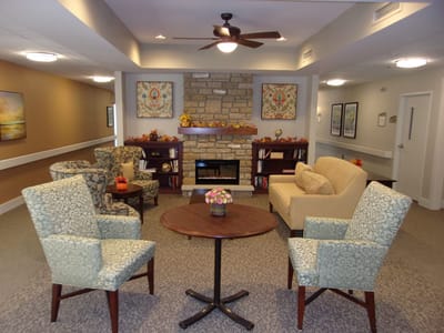 Cozy common area with seating and fireplace
