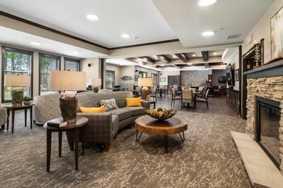 Interior view of a cozy common area with seating
