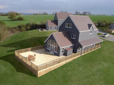 Aerial view of a building with outdoor space