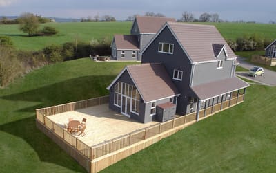 Aerial view of a modern facility with outdoor deck
