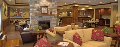 Interior common area with seating and fireplace