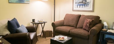 Cozy seating area with snacks in a warm room