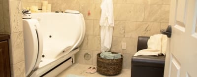 Accessible bathroom with a walk-in tub and seating