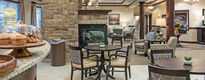 Interior of a cozy common area with seating