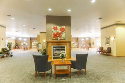 Interior view of a common area with seating and decorations