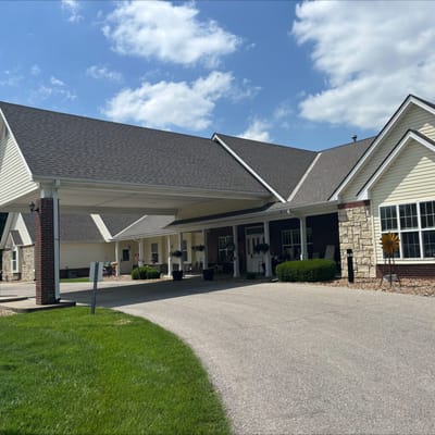 Exterior view of a senior living facility entrance