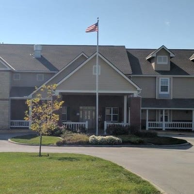 Building exterior with an American flag