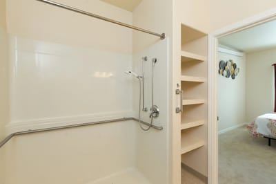 Accessible bathroom with grab bars and shelving