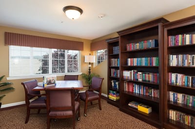 Cozy reading area with bookshelves