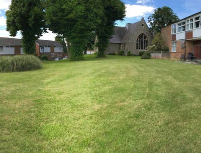 Outdoor space with grass and a building in background.