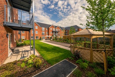 Gardens and walkways in the outdoor space