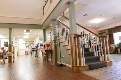 Interior view of a common area with a staircase