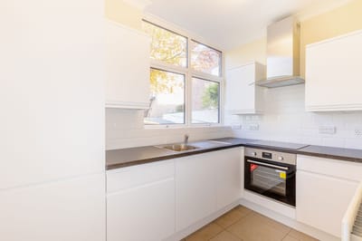Modern kitchen with white cabinets and appliances