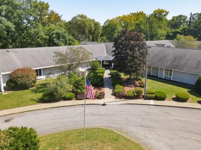 Aerial view of the facility's landscaped exterior.