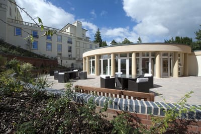 Outdoor patio area with seating at the facility