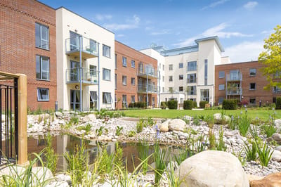 Outdoor garden area with landscaped pond and buildings.
