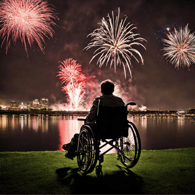Person in wheelchair watching fireworks by a lake