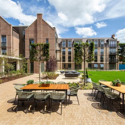 Outdoor space with seating and greenery
