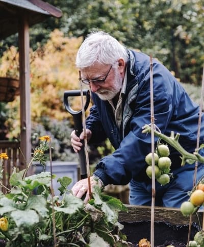 Senior man gardening in an outdoor space.