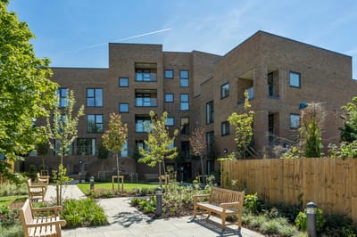 Exterior view of a modern assisted living facility