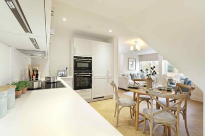 Bright and modern kitchen area with dining table.