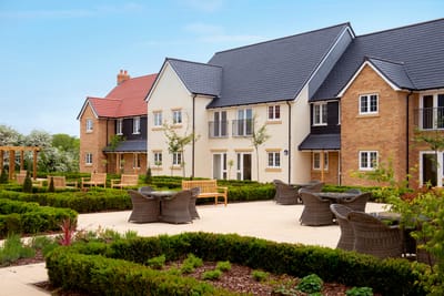Outdoor view of residential buildings with seating