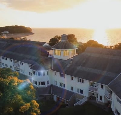 Aerial view of the facility at sunset.