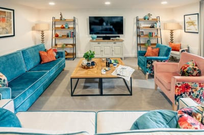 A cozy common area with colorful seating