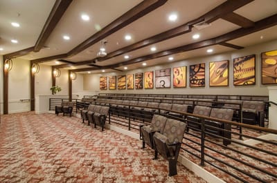 Interior view of a common area with seating and artwork