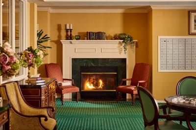 Cozy common area with a fireplace and seating