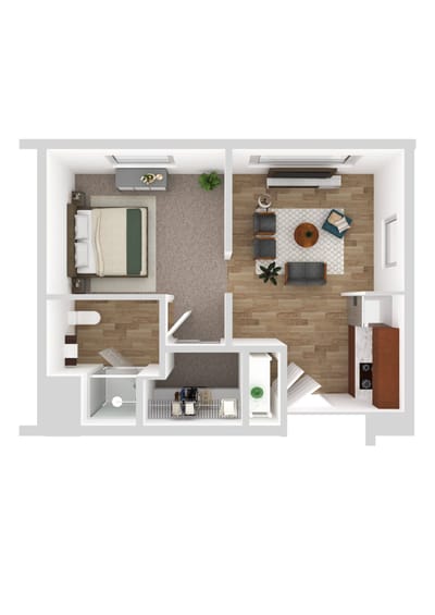 Architectural floor plan of a one-bedroom unit